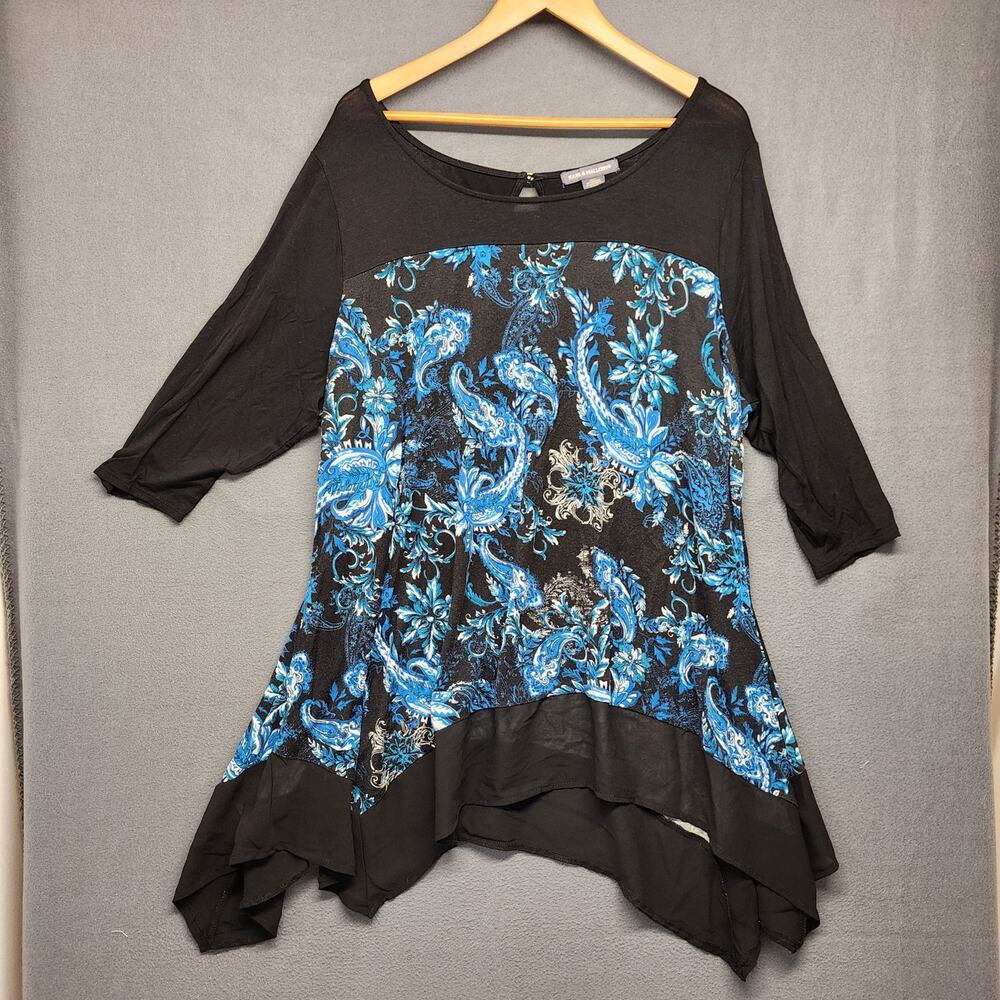 Kate & Mallory Top Womens 3X Blue Black Paisley Floral Pullover Stretch Shirt